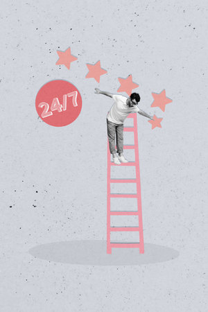 Trend artwork collage of help line customer support service 24 7 office manager call young man stand ladder balance omg star feedbackの写真素材
