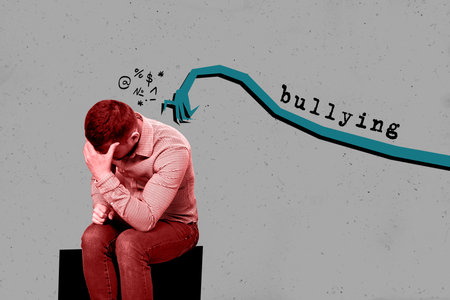 Composite photo collage of offended stressed man scared abuse stereotype bullying problem hate...