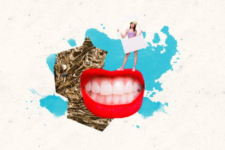 Creative collage young cheerful woman photo frame picture grinning mouth teeth pomade lipstick beautycare veneers drawing backgroundの写真素材