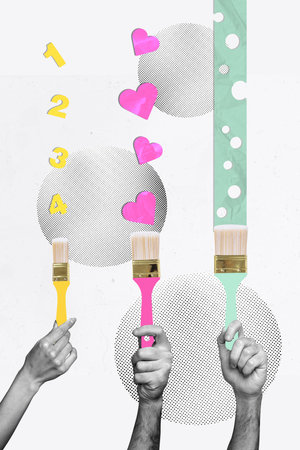 Vertical poster collage hands body fragments hold paintbrushes colorful diy heart valentine day...