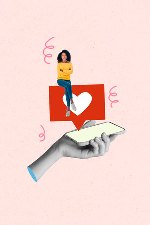 Vertical poster collage young woman blogger social media promotion smm targetologist smartphone digital device like follow notificationの写真素材