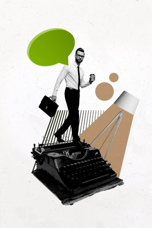 Composite trend artwork sketch image photo collage of young guy author walk typewrite machine lamp office drink cup coffee speech cloudの写真素材
