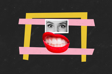 Creative collage face fragments woman mouth eyes grinning teeth pomade lipstick cosmetology beauty...