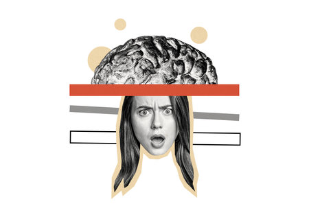Composite photo collage of astonished girl open mouth big brain organ consciousness core intellect...
