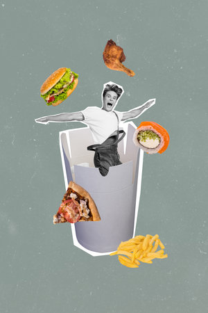 Vertical photo collage of happy man courier fast food order meal pizza burger sushi fries meat calories diet isolated on painted backgroundの写真素材