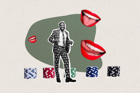 Composite trend artwork 3D photo collage of young man silhouette stand dice play game gambling lucky blackjack casino chip mouth smileの写真素材