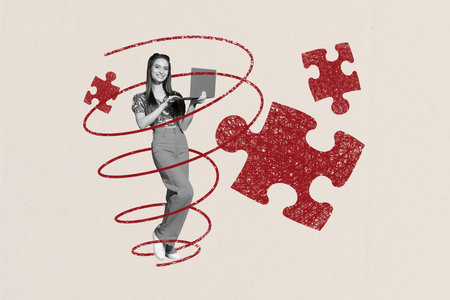 Composite artwork collage image picture of girl use laptop puzzle pieces isolated on creative...