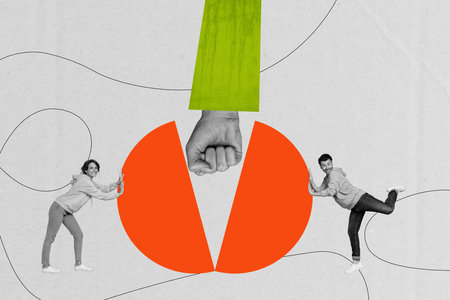 Composite trend artwork 3D sketch image photo collage of huge hand gesture fist down break half ball...