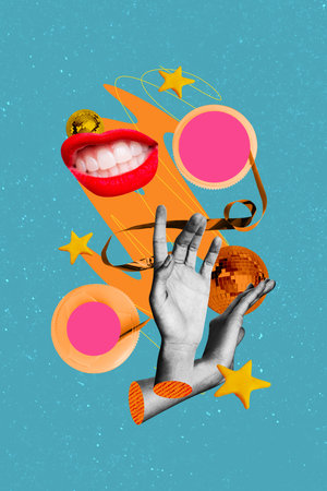 Composite trend artwork sketch photo collage of copyspace human person hands mouth appear cassette disco ball carefree party star relaxの写真素材