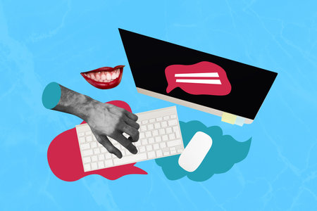 Composite trend artwork 3D sketch image photo collage of speech cloud mouth lips chatting computer...