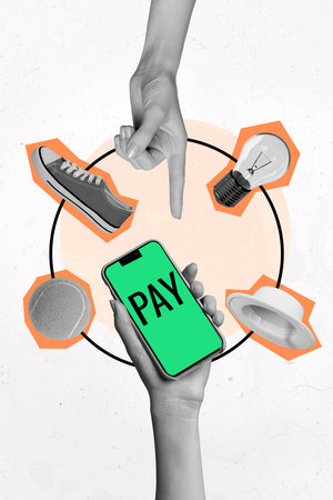Vertical photo collage of hands point phone device nfc payment black friday shopping hat light bulb...