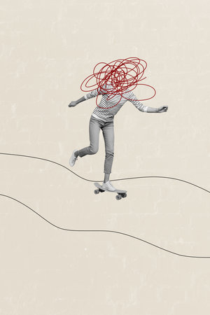 Vertical photo collage of anonym girl instead head scribble drawing ride skateboard activity...