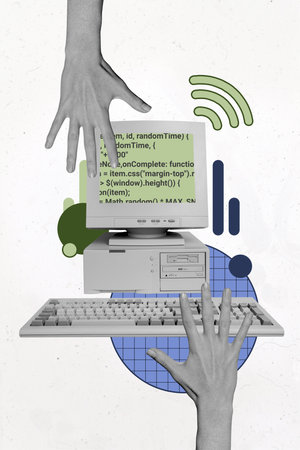 Composite trend artwork sketch image photo collage of bodyless hand press keyboard obsolete computer...
