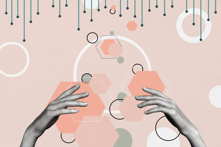 Composite photo collage of two hands chemistry icon diagram business development microbiology success isolated on painted backgroundの写真素材