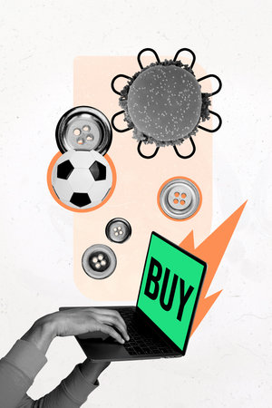 Composite trend artwork sketch image photo collage of copyspace anonymous hand hold buyer laptop display football socces burger foodの写真素材