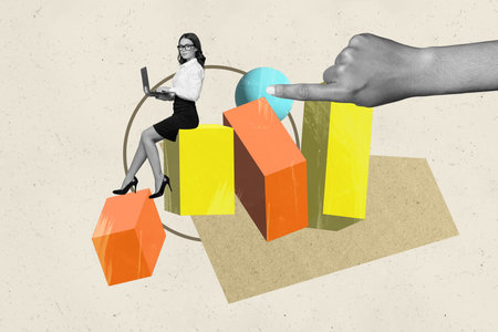 Composite photo collage of serious freelancer girl sit chart development statistics surf laptop success isolated on painted backgroundの写真素材