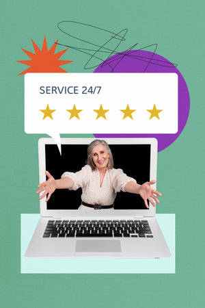 Vertical poster collage elder woman grandmother textbox estimate quality customer support rating...