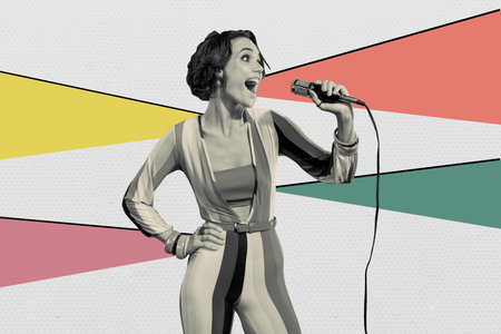 Creative collage image young woman singer microphone karaoke bar performance concert artist song event party drawing backgroundの写真素材