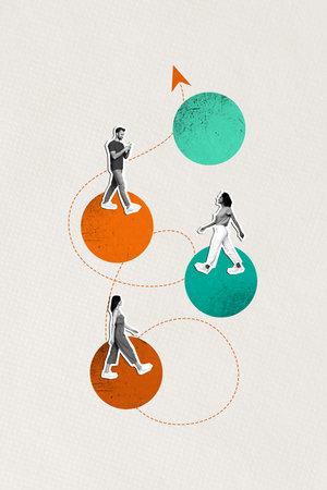 Sketch image composite artwork 3D collage of workspace geometry circle arrow grow team young man...