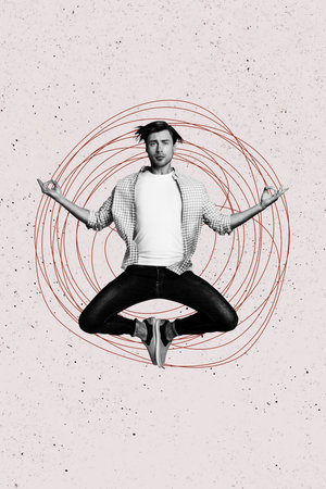 Vertical poster collage young man levitate flight drawing doodles self control asana yoga psychotherapy session mental restの写真素材