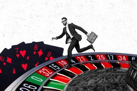 Creative collage picture young businessman run diplomat suitcase roulette cards combination fortune strategy luck winnerの写真素材