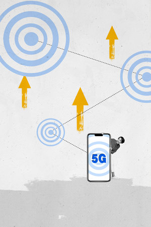 Vertical photo collage of happy girl peek phone 5g wifi connection speed fast connection network arrow target isolated on painted backgroundの写真素材