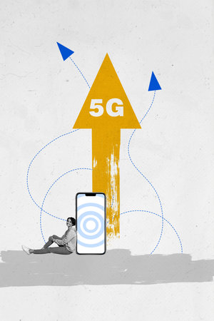 Vertical photo collage of happy girl sit phone screen wifi 5g arrow development progress technology...