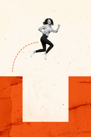 Composite trend artwork 3D sketch image photo collage of copyspace overcome hurdle young woman miniature jump levitate win success studentの写真素材