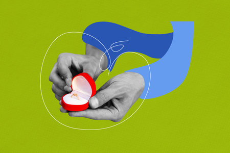 Composite trend artwork 3D sketch image photo collage of two huge hands finger hold open box ring...