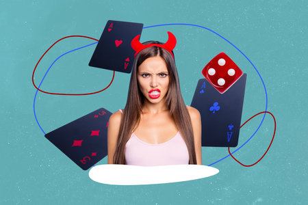 Composite photo collage of angry girl wear devil horns headband casino loser cards problem game over...