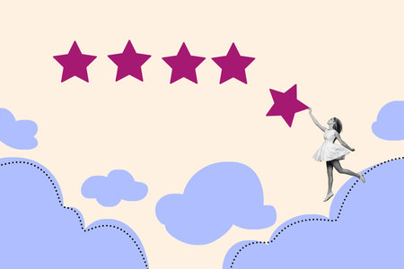 Composite photo collage of happy girl jump star rating review reaction support service quality...