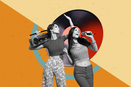 Composite photo collage of two happy girls dance karaoke event mic singer hold boombox music vinyl...