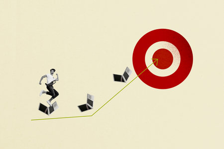 Creative trend collage of running entrepreneur netbook darts target marketing career success freak...