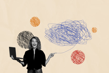 Composite photo collage of happy busy girl point scribble mess workload pressure hold laptop...