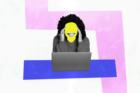 Composite photo collage of happy faceless girl mouth sit office laptop freelancer occupation work business isolated on painted backgroundの写真素材