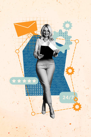 Vertical collage poster mature businesswoman boss customer support 24 7 feedback message sms envelop cogwheel drawing backgroundの写真素材