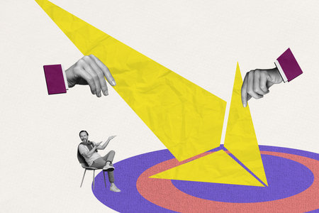 Composite photo collage of happy man business worker sit chair show promotion arrow target progress growth isolated on painted backgroundの写真素材