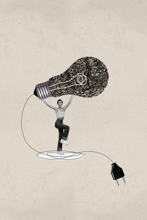 Vertical photo collage of happy girl hold doodle light bulb scribble electric power idea strategy...