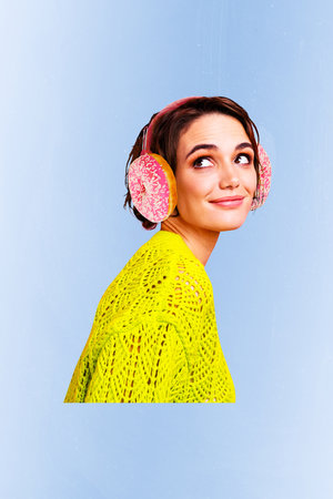 Composite trend artwork sketch image collage of copyspace young woman portrait cute nice headphones...