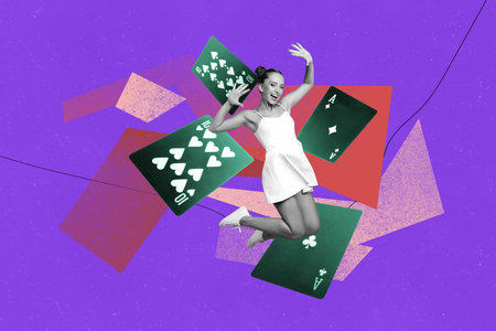 Creative collage picture young cheerful woman jump cards combination move luck fortune winner prize...