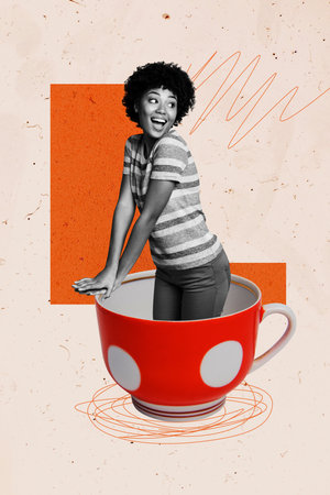 Vertical photo collage of happy american girl sit inside coffee cup beverage tea party breakfast beverage isolated on painted backgroundの写真素材