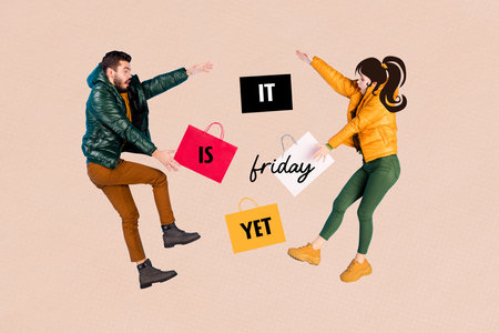 Composite photo collage of two astonished girl guy jump together bags black friday autumn season sale isolated on painted backgroundの写真素材