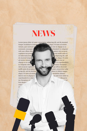 Vertical poster collage young cheerful man headphones operator newspaper magazine interview speaker microphone show drawing backgroundの写真素材