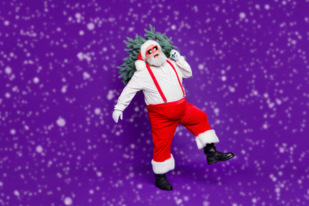 Let it snow Full length photo of funny fat santa father holding x-mas tree on shoulder wanna make perfect eve wear sun specs costume isolated purple backgroundの写真素材