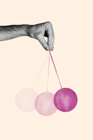 Vertical poster collage hand body fragment three balls string toy psychological therapy hypnosis...