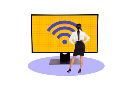 Composite photo collage of young business girl stand big computer monitor screen wifi connection 5g speed isolated on painted backgroundの写真素材