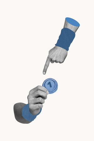 Vertical photo collage of hands point medal reward best champion sport contest progress aim success isolated on painted backgroundの写真素材