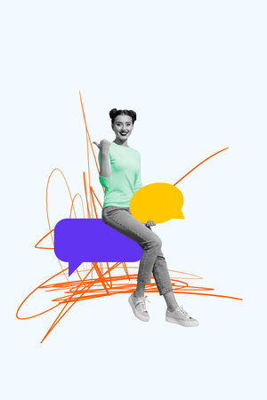 Vertical creative art collage of happy girl stand bubble colorful cloud communication point finger...