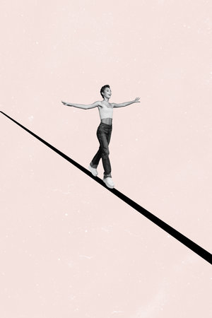 Composite trend artwork 3D sketch image photo collage of monochrome miniature young lady walk rope keep balance equilibrium concentrationの写真素材