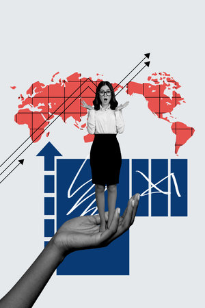 Vertical photo collage of astonished business girl stand human palm arrow development progress manager isolated on painted backgroundの写真素材
